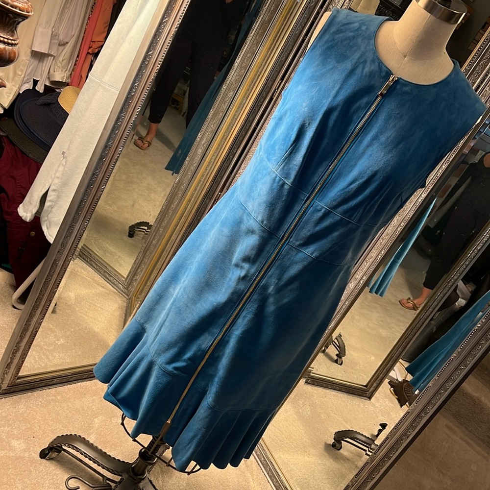 Beautiful blue suede dress gold zip detail